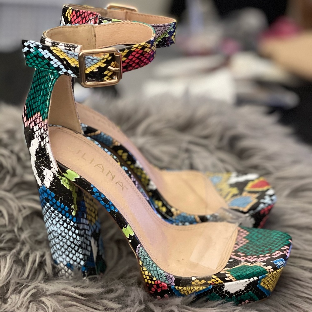 Platform Multi-Color Snake Skin Open-Toe Heels from Lola Shoetique/Miss Lola…